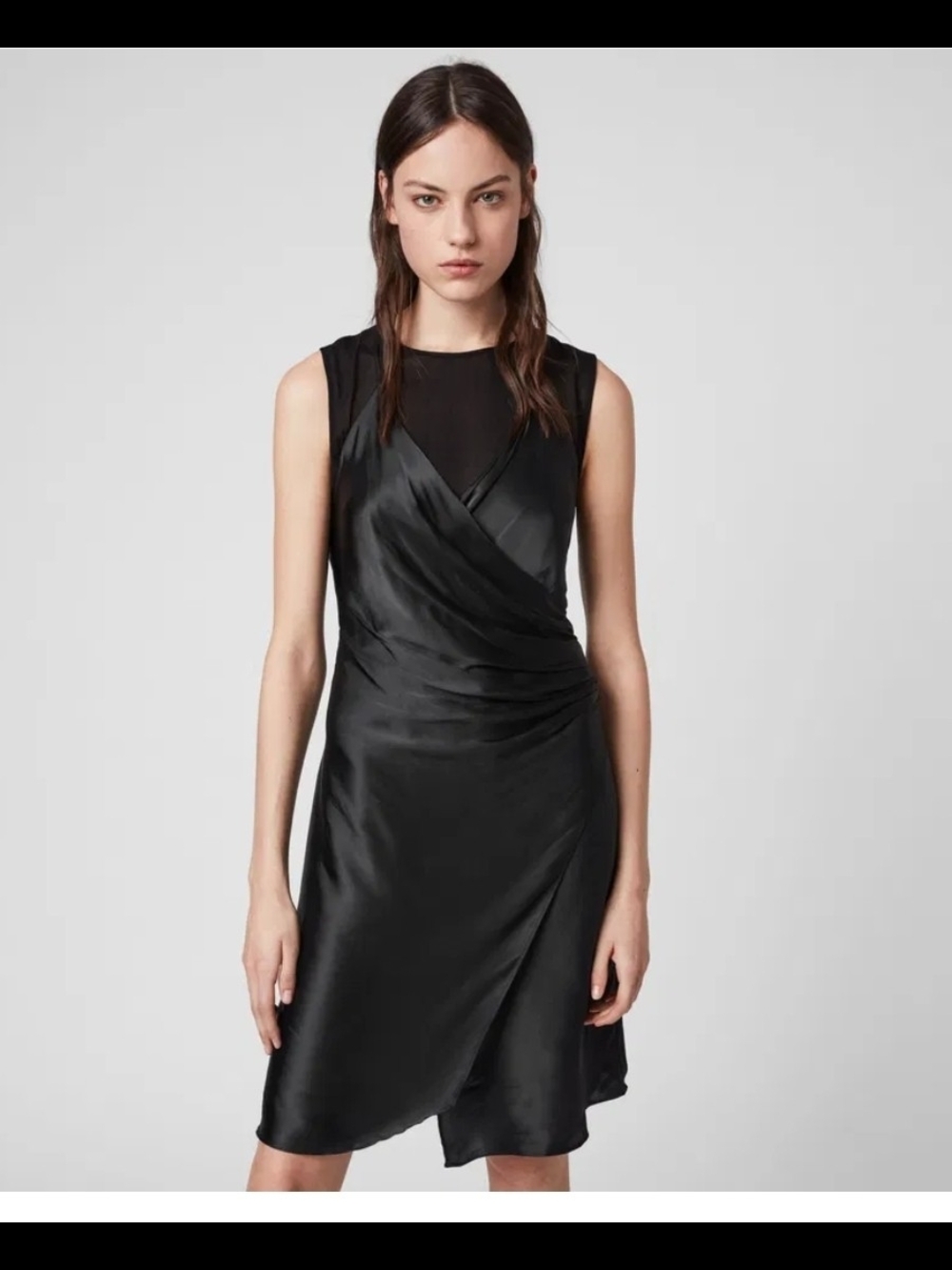 All Saints Black Satin Wrap Midi Dress